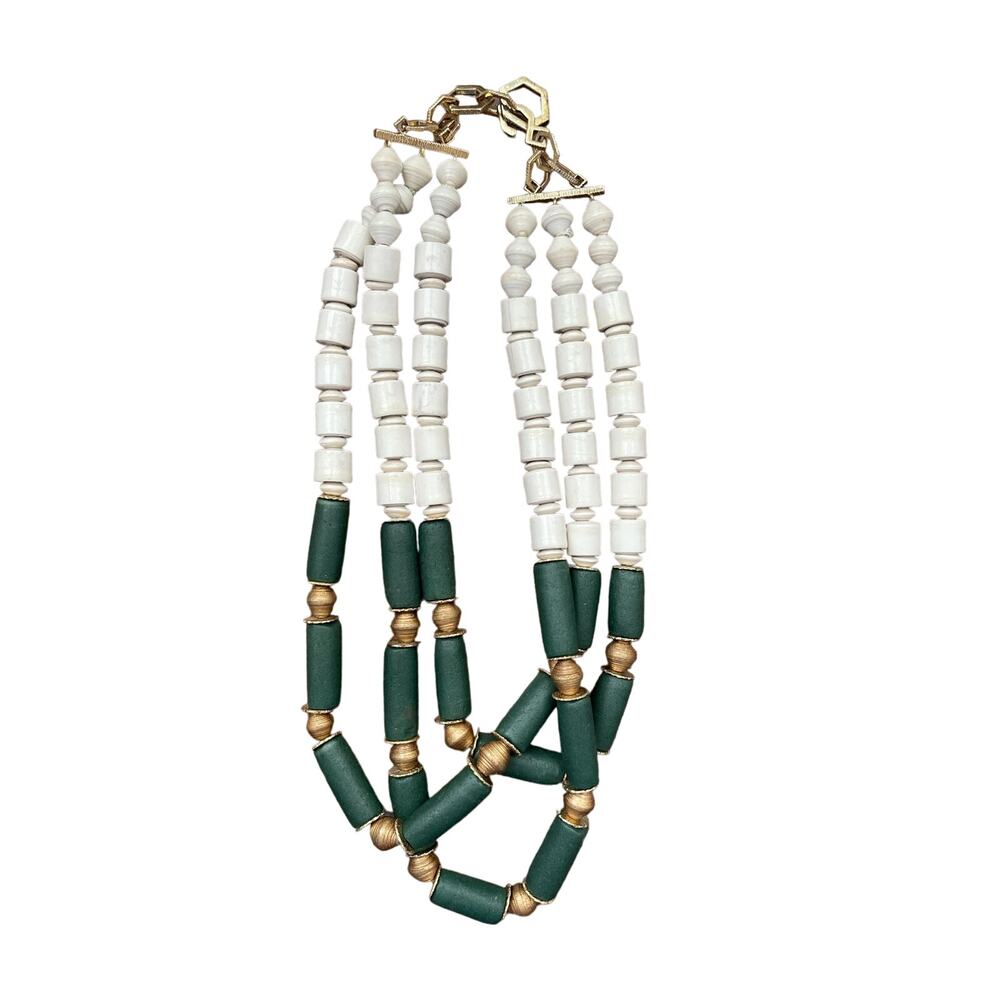 HSN Akola “Lush” 3- Row Recycled Glass Green & White Paper Bead Necklace